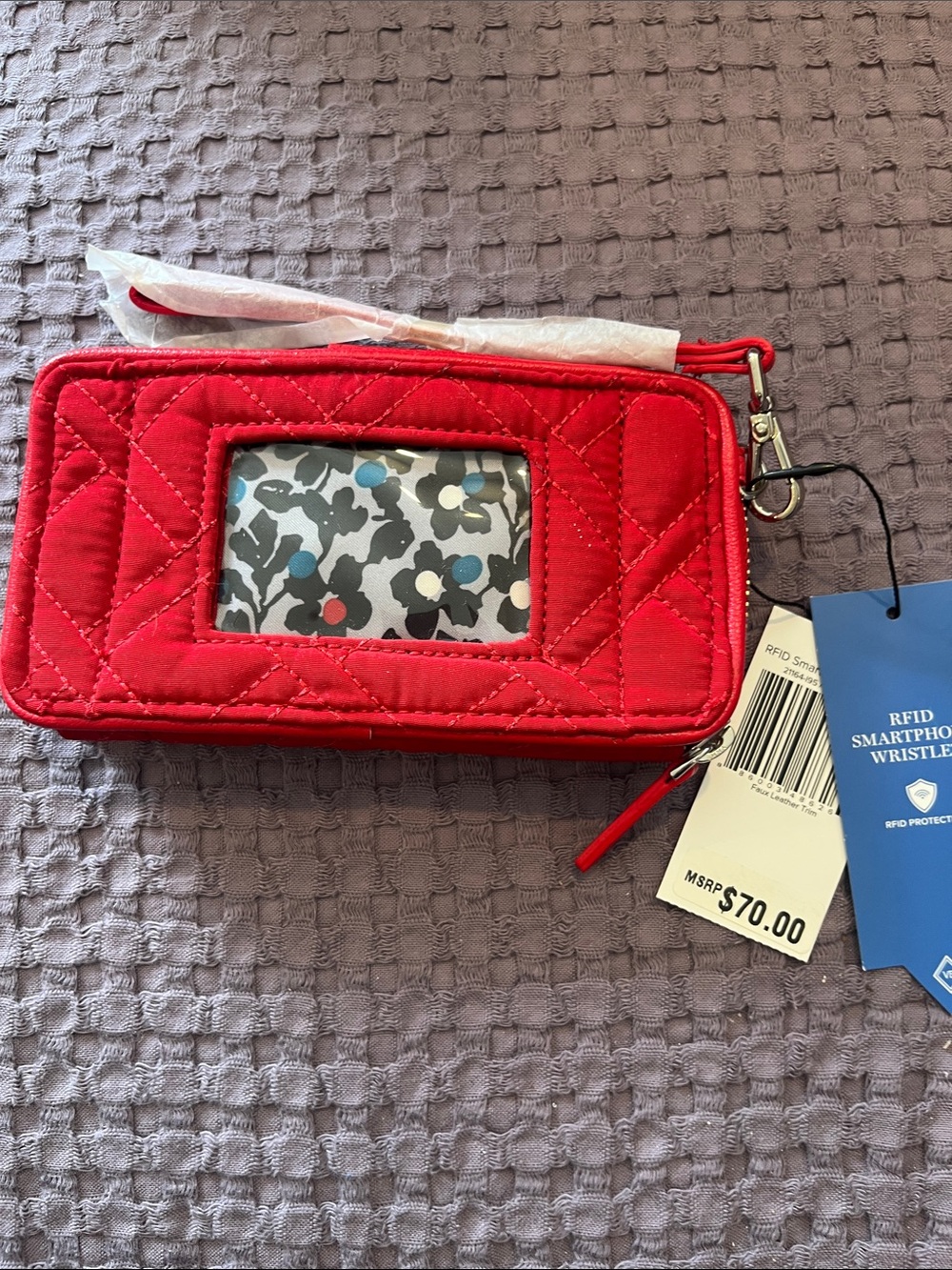 Vera Bradley Cardinal Red Quilted RFID Smartphone Wristlet Wallet NWT.